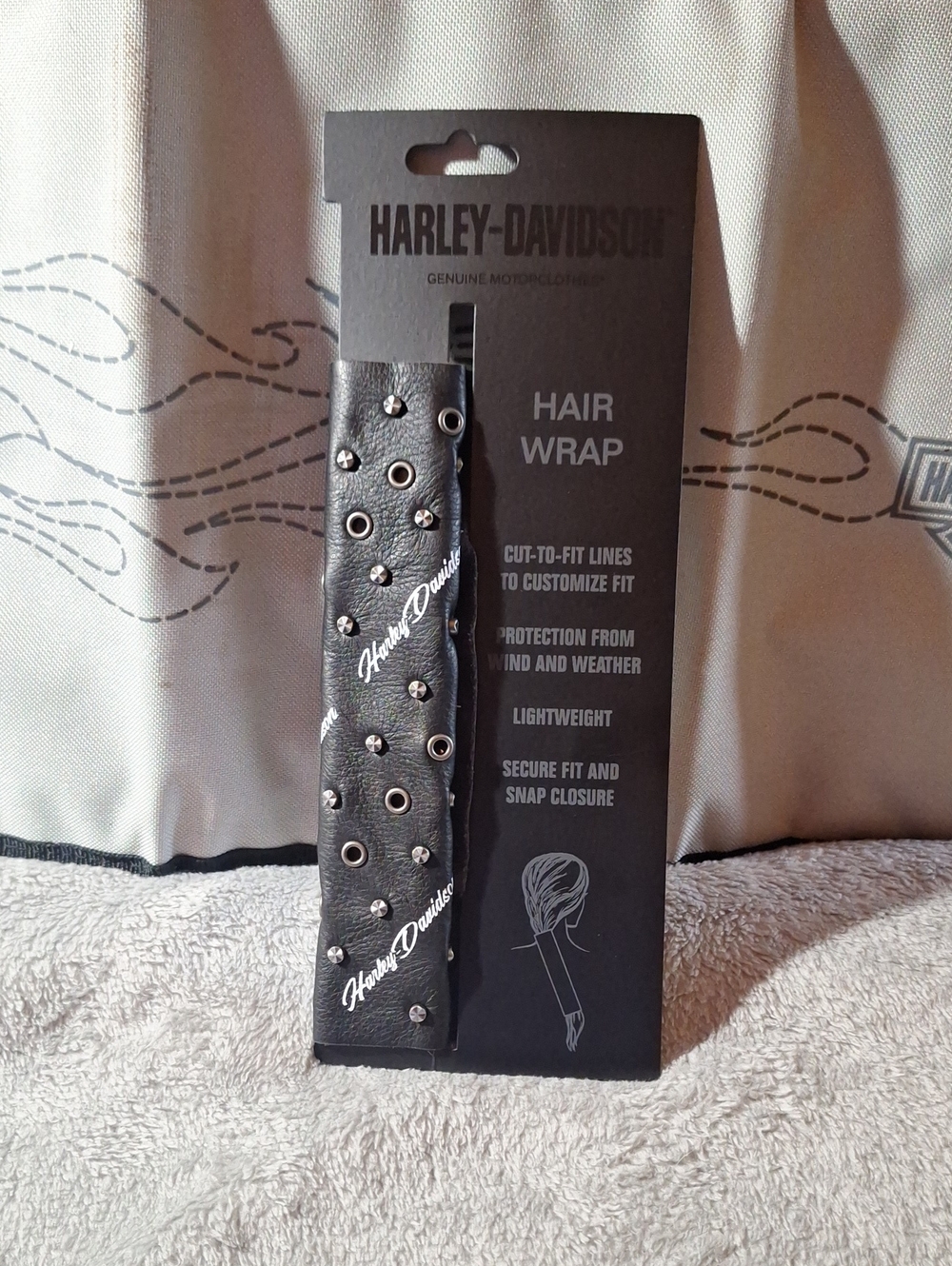 NWT Harley-Davidson Black Studded Leather Hair Wrap with Logo